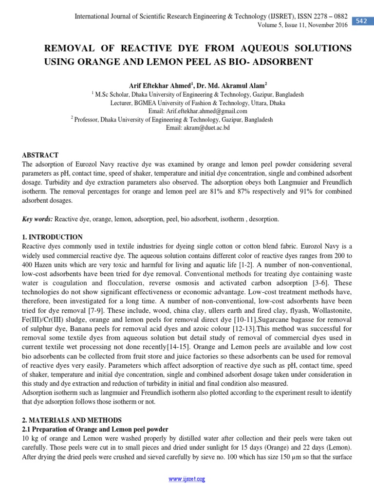Bio-adsorption of Eurozol Dye Using Peels | PDF | Adsorption | Chemistry
