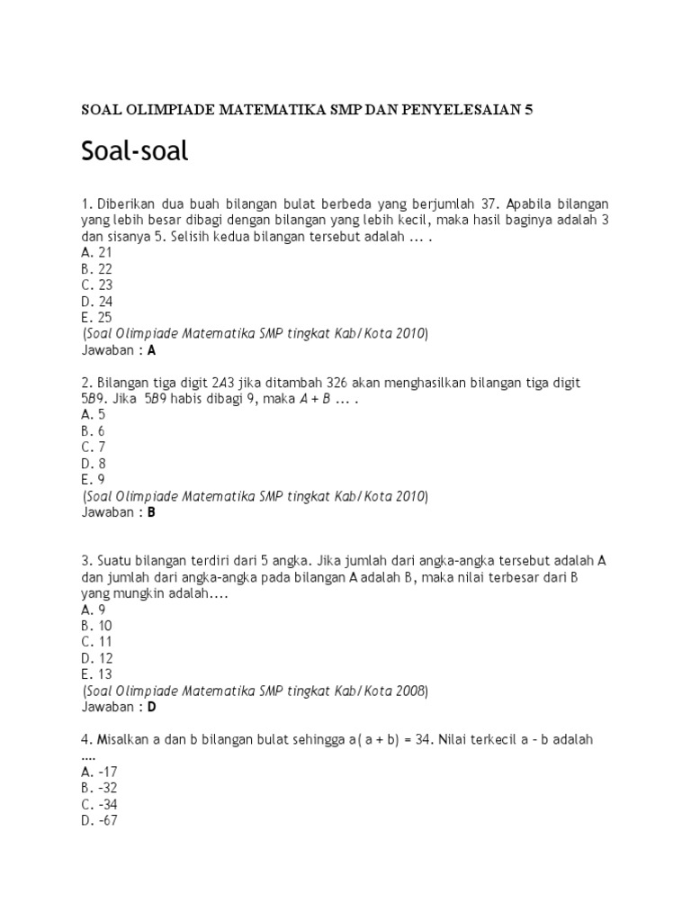 Soal Tes Olimpiade Matematika Smp