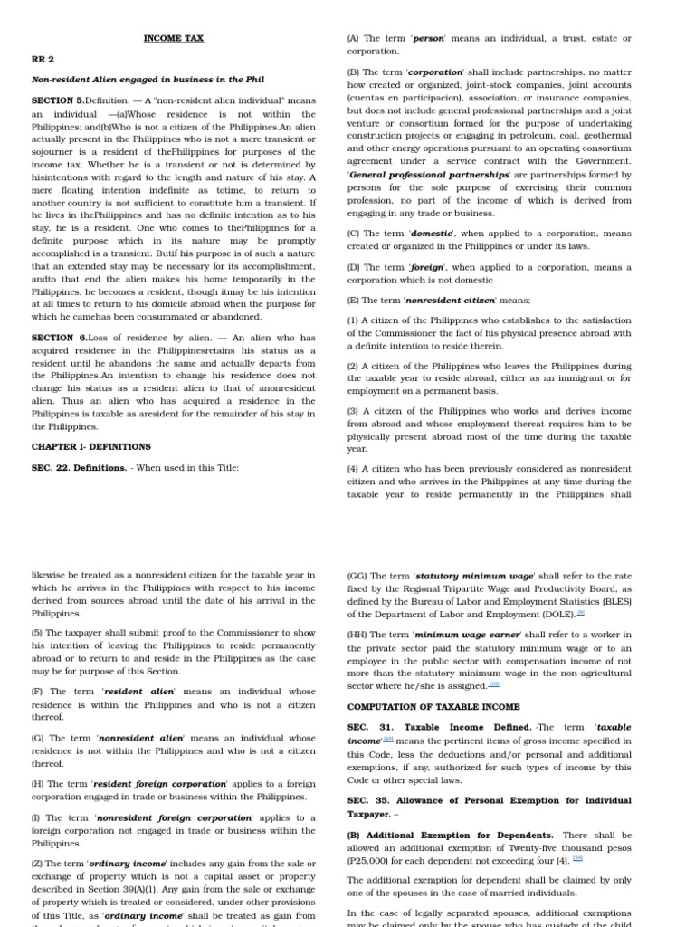 NonResident Alien Engaged in Business in The Phil Tax RR2 PDF Dividend Stocks
