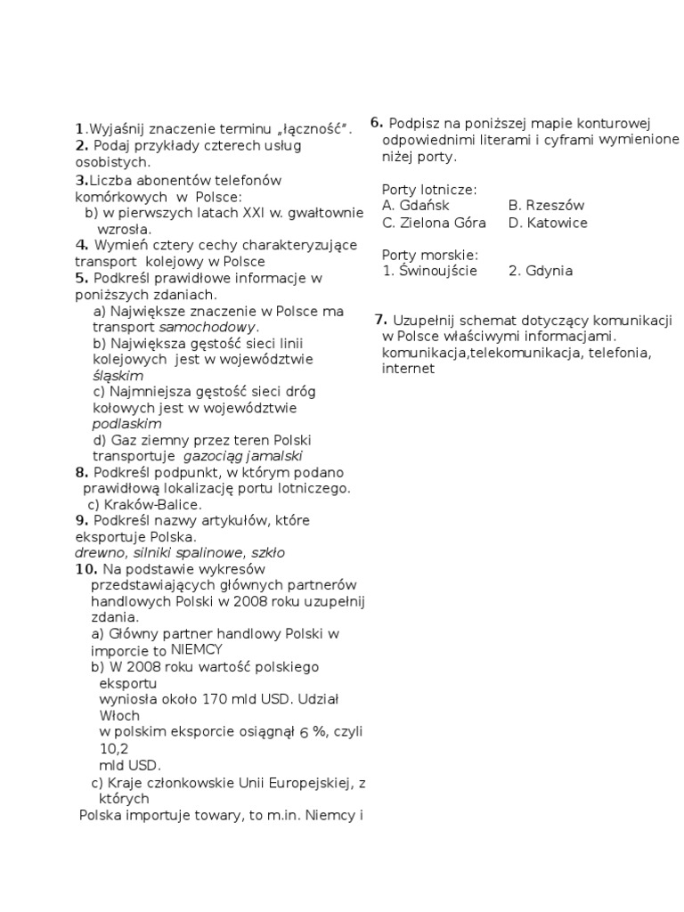 Sprawdzian Z Geografii Klasa 7 Usługi W Polsce Nowa Era