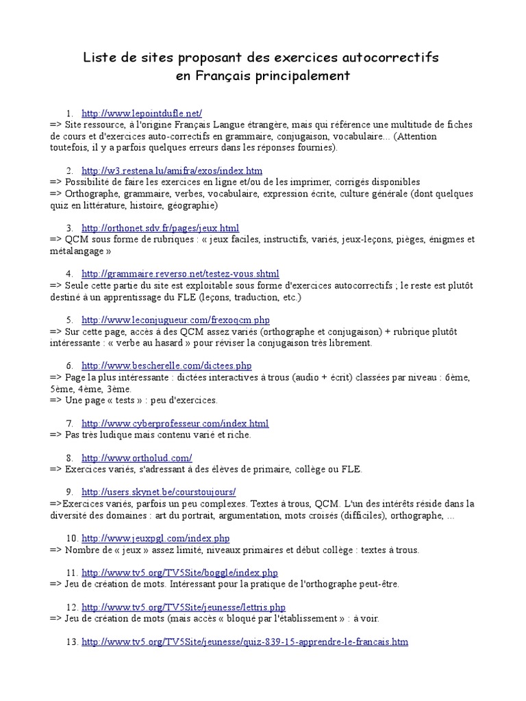 Exercices Orthographe 5ème à Imprimer Sites de Travail en Autonomie - Francais PDF | PDF | Langue française |  Mots croisés