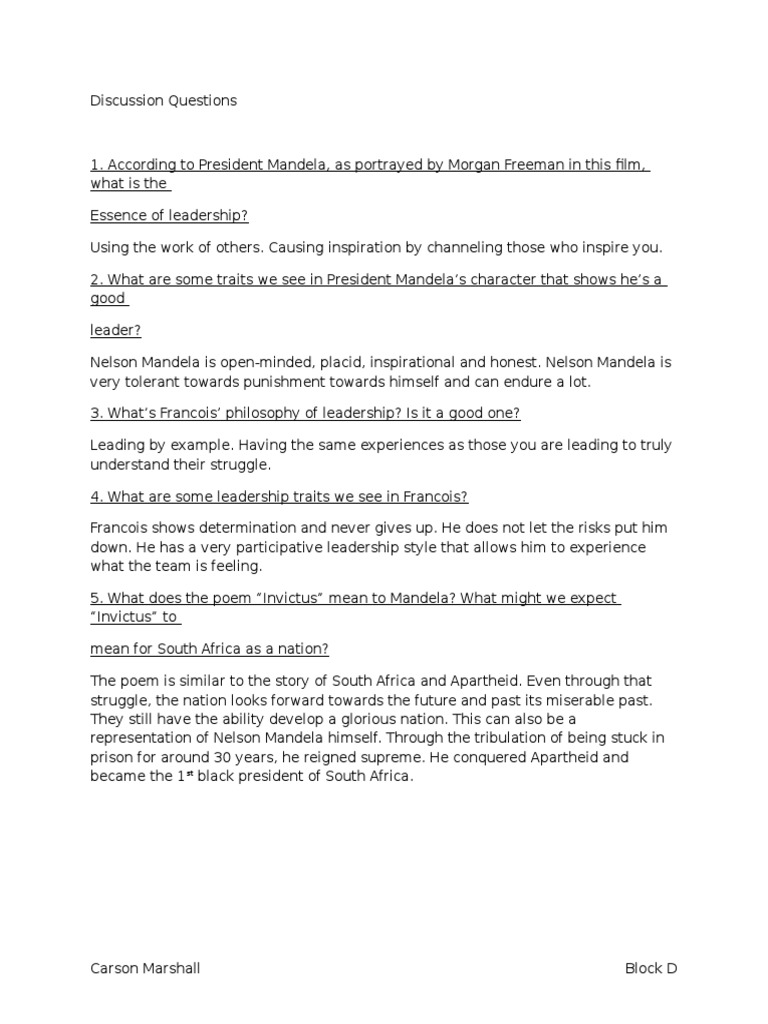 Invictus Leadership Discussion Questions | PDF | Self-Improvement