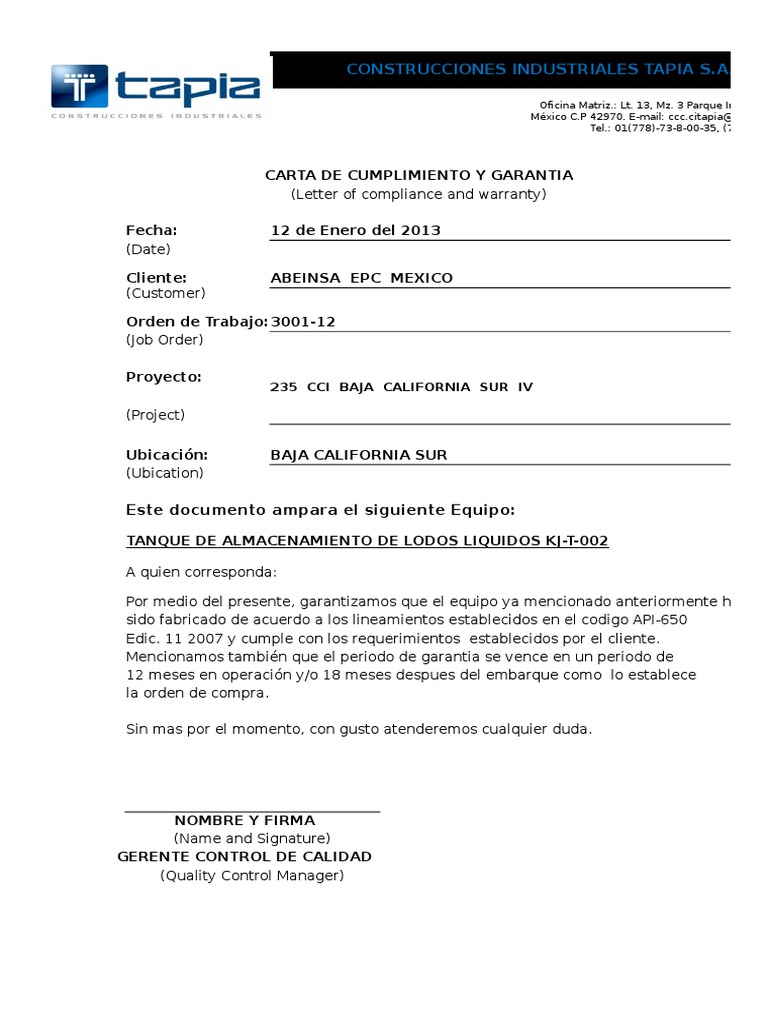 Carta de Garantia | PDF