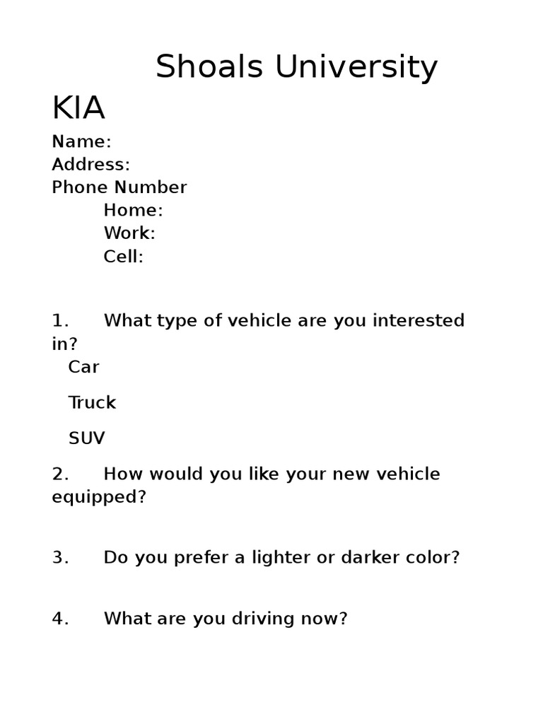 Shoals University Kia Interview Sheet PDF