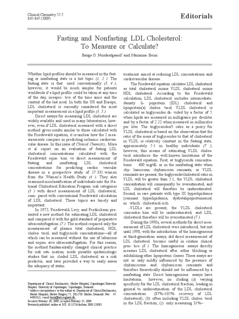 Fasting and Nonfasting LDL Cholesterol To Measure or Calculate? PDF