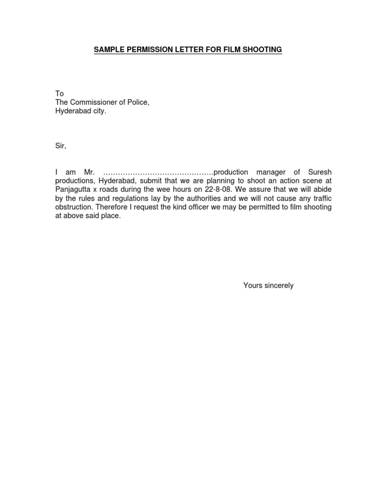 Sample Permission Letter for Film Shooting