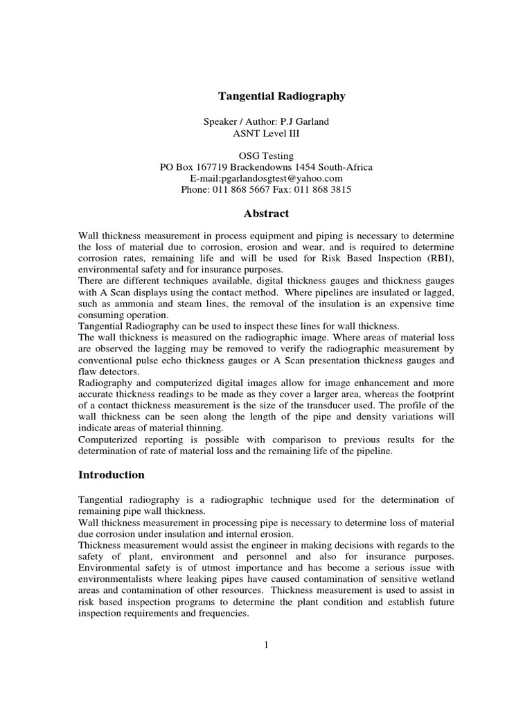 Tangential Radiography For The Wall Thickness Measurement of Process ...