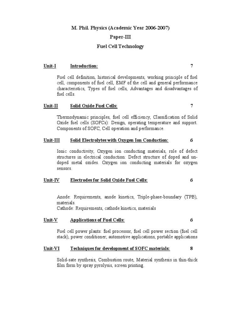 Fuel Cell Technology Syllabus PDF