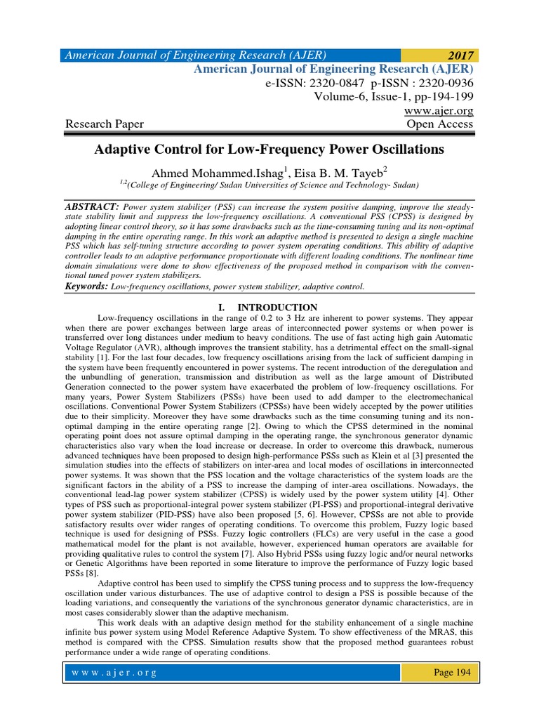 Adaptive Control For Low-Frequency Power Oscillations | PDF ...
