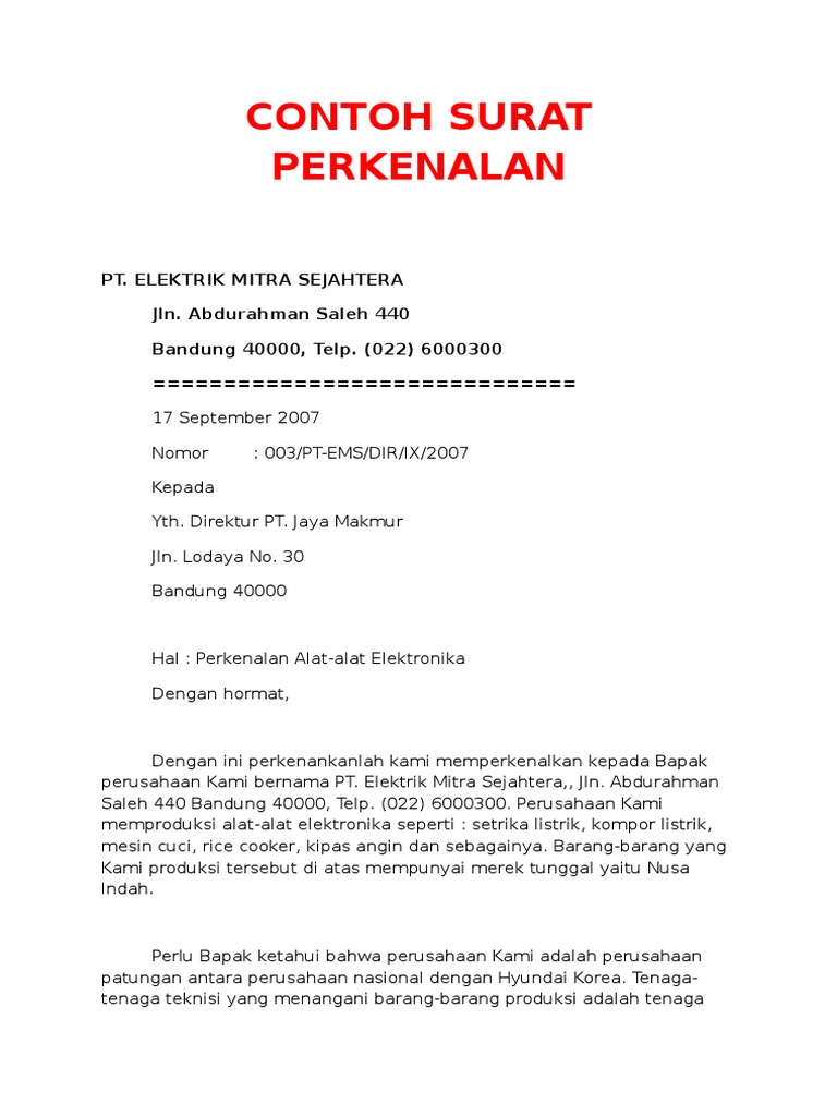 Contoh Surat Perkenalan