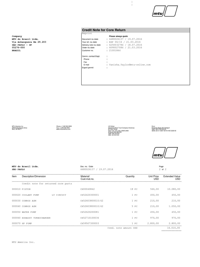 MTU Credit Note for Core Return | PDF | Business