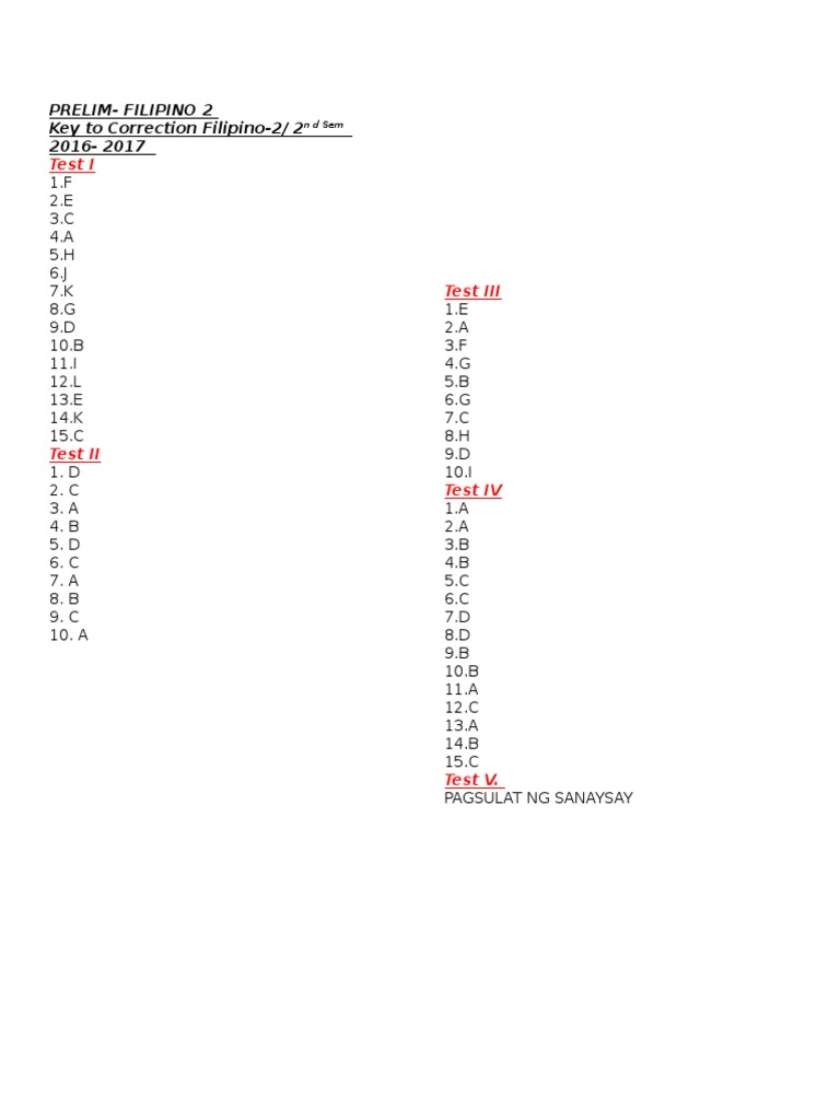Key To Correction Filipino 2 Prelim 2nd Sem 2016 | PDF | Technology ...