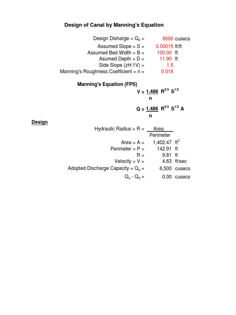 Design of Canal by Manning's Equation | PDF