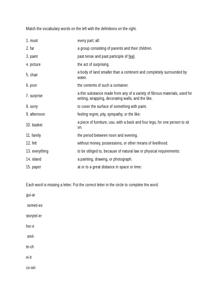 Match The Vocabulary Words On The Left With The Definitions On The
