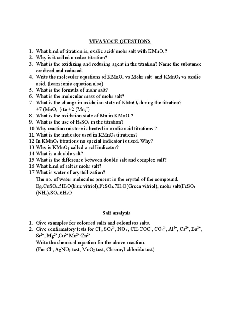 Viva Voce Questions Redox Titration