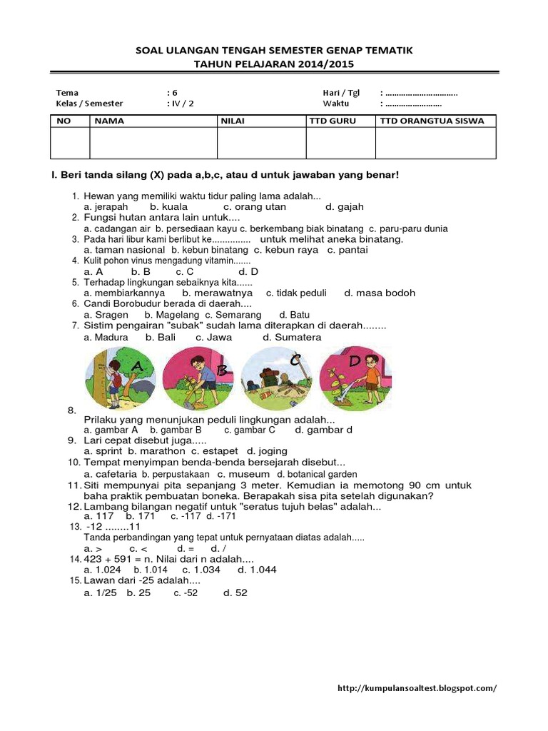 Soal Uts Tematik Kelas 4 Tema 6