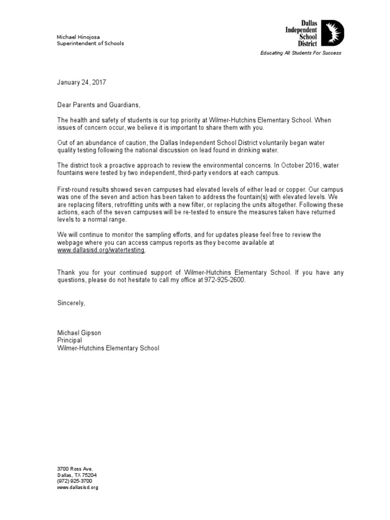 Letter to Parents Regarding Lead Testing