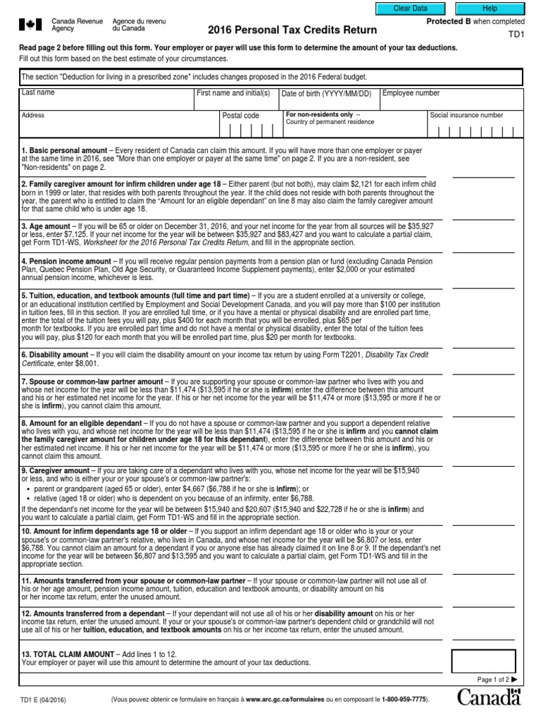 td1 Fill 04 16e | PDF | Income Tax | Pension