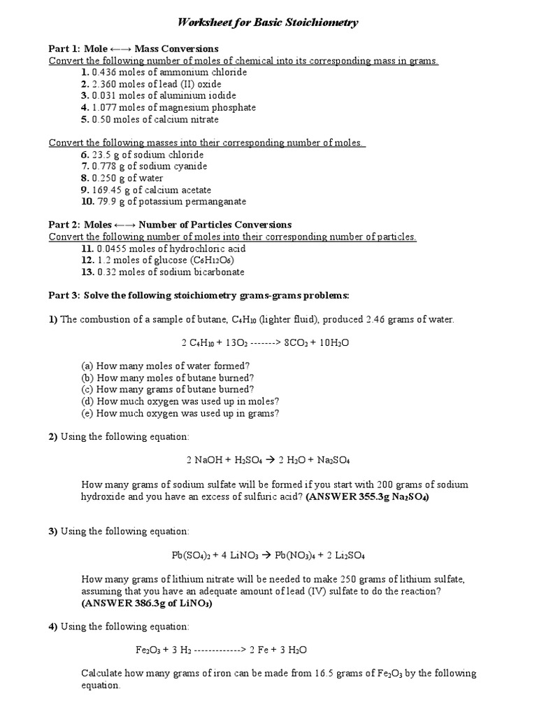 Worksheet for Basic Stoichiometry Within Worksheet For Basic Stoichiometry Answer