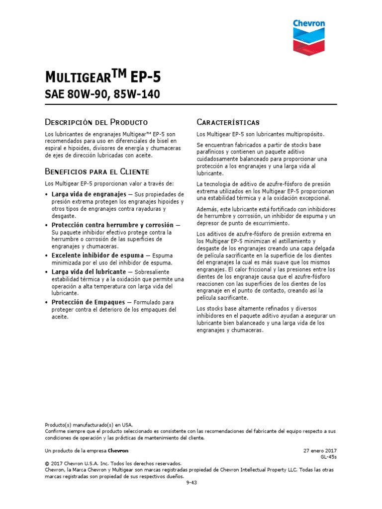 Multigear Ep Sae 85w-140 | PDF | Lubricante | Engranaje