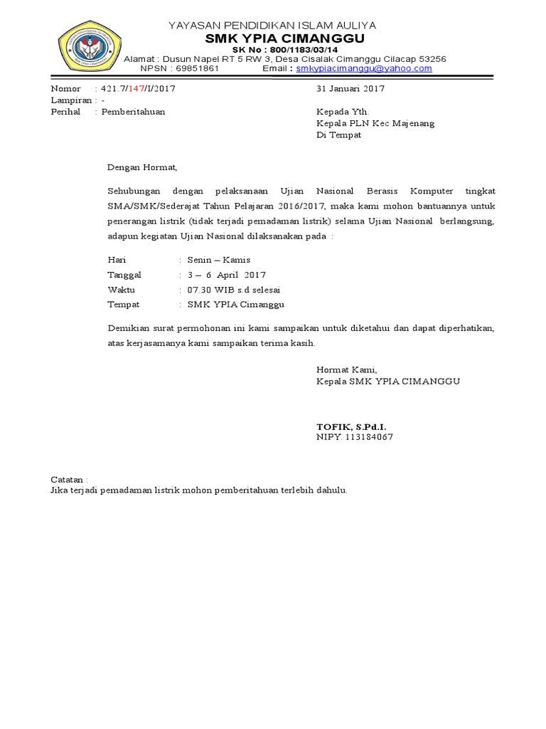 Surat Pemberitahuan Pln