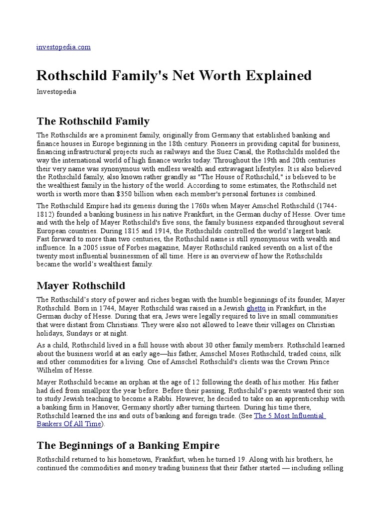 Rothschild Family's Net Worth Explained PDF Rothschild Family Banking