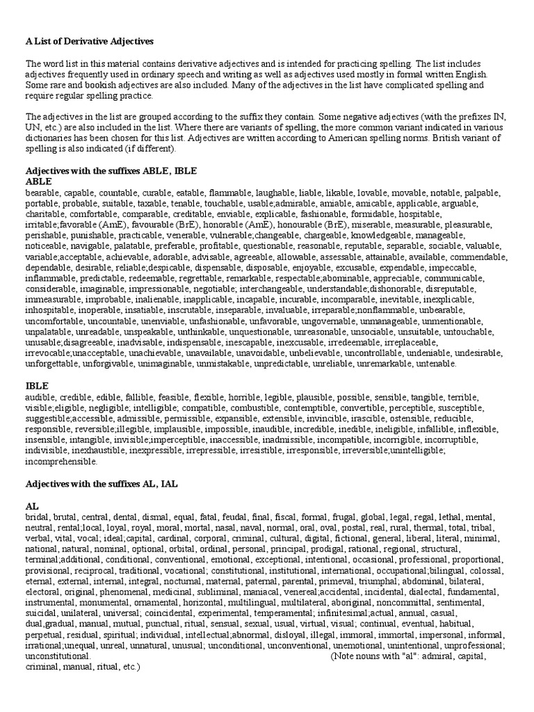 Derivative Adjectives for Spelling Practice | PDF | Linguistics | Semiotics