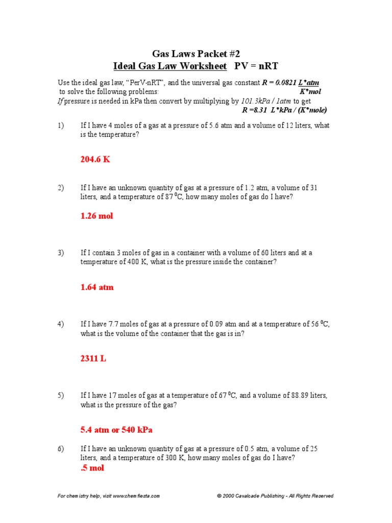 Gas Laws Packet 20 ANSWERS  PDF  Gases  Mole (Unit) Pertaining To Ideal Gas Laws Worksheet