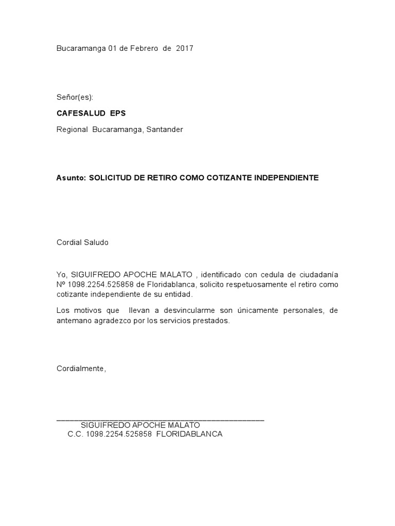 Carta de solicitud de retiro