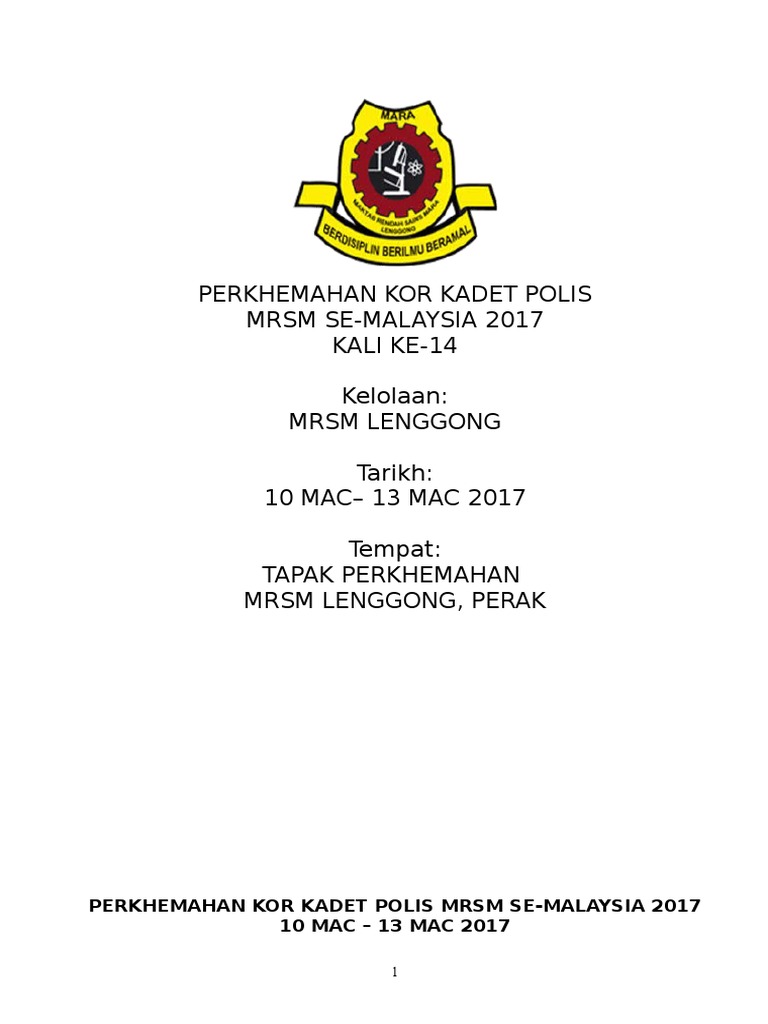 Kertas Kerja Perkhemahan Kor Kadet Polis 2017 Mrsm 