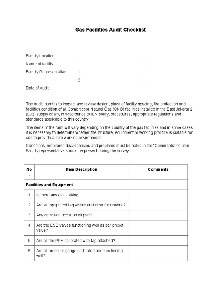 Gas Facilities Audit Checklist PDF