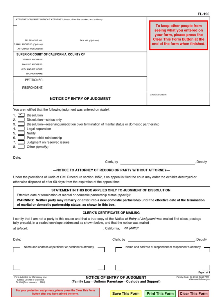 Notice of Entry of Judgment (FL-190) | PDF | Mail | Judgment (Law)