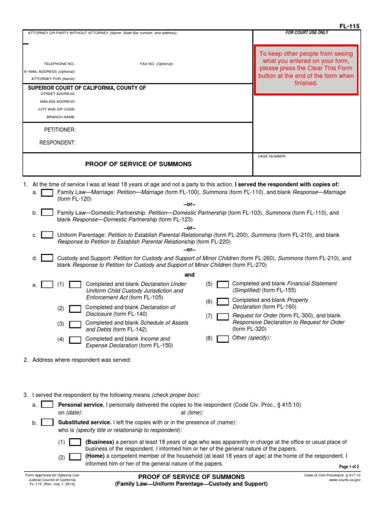 6 Proof Of Summons Fl115 Service Of Process Summons
