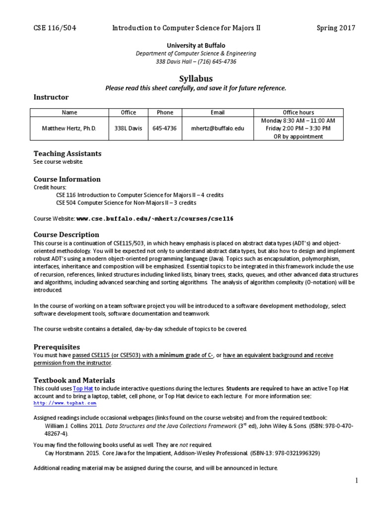 CSE 116 Syllabus: Data Structures in Java | PDF | Test (Assessment ...