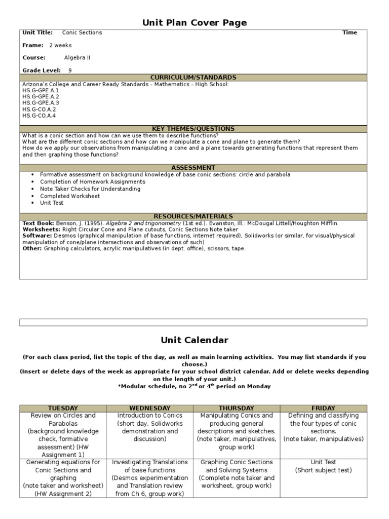 worksheet Conic Sections Worksheet unit plan conic sections plane geometry educational assessment