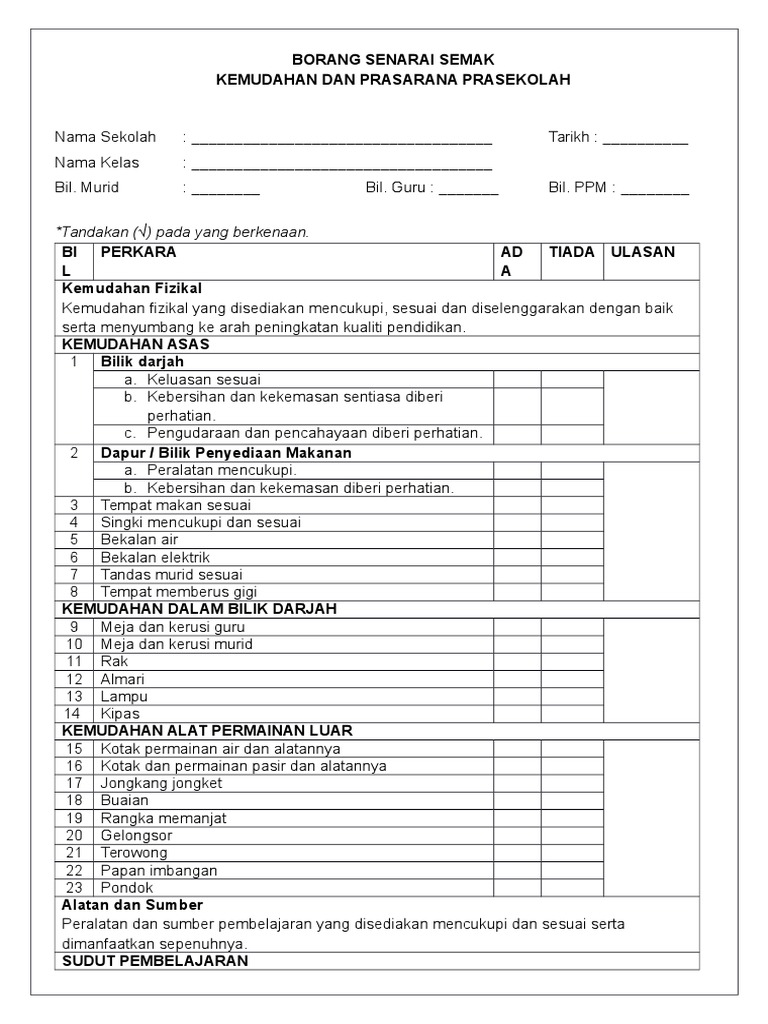 Borang Senarai Semak Kemudahan Dan Prasarana Prasekolah