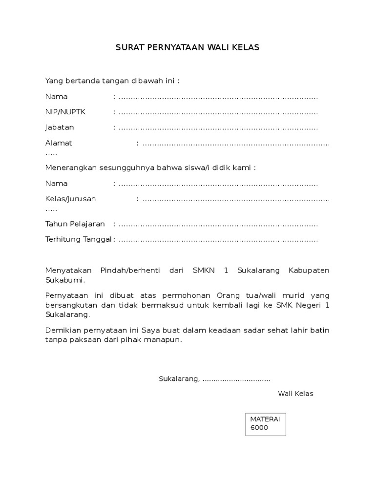 Surat Pernyataan Wali Kelas