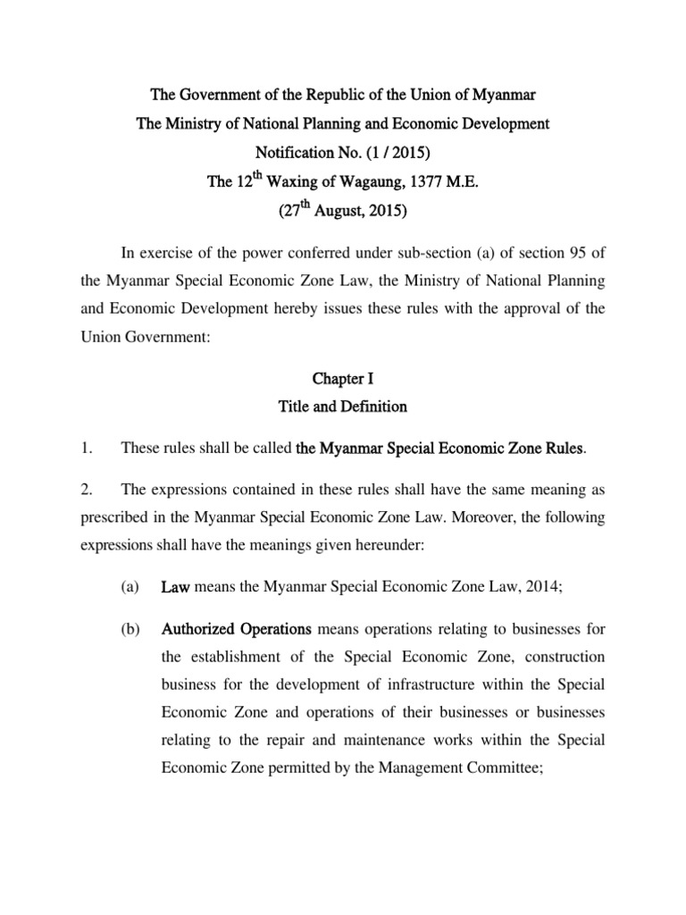 Myanmar Special Economic Zone Rule (Eng) | PDF | Taxation In The United ...
