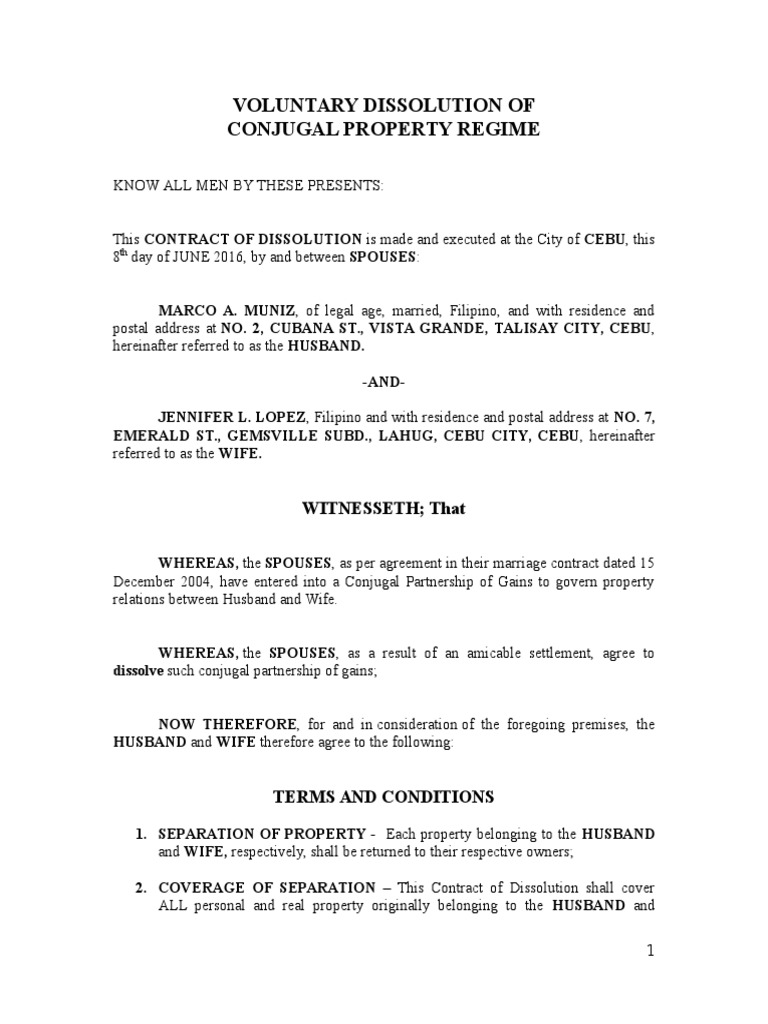 Voluntary Dissolution of Conjugal Property | PDF | Husband | Marriage