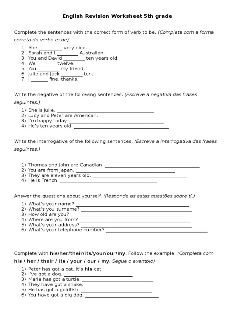 English Revision Worksheets Grade 4