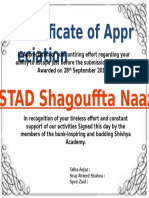 Certificate of Appr Eciation: USTAD Shagouffta Naaz