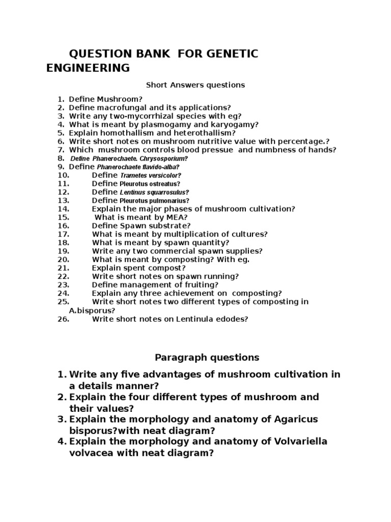 Question Bank For Mushroom | PDF | Mushroom | Edible Fungi