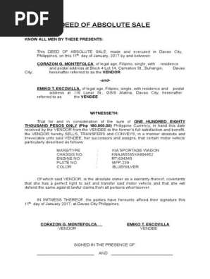 1. Deed of Sale of Personal Property