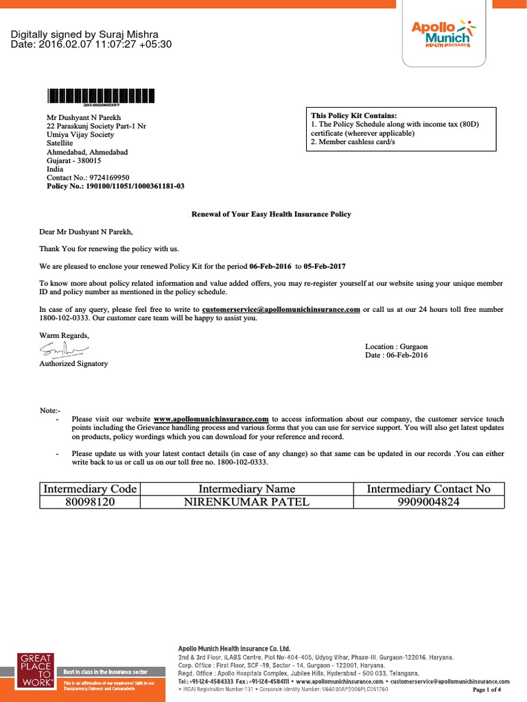 Apollo Health Insurance Renewal Kit | PDF | Insurance | Payments