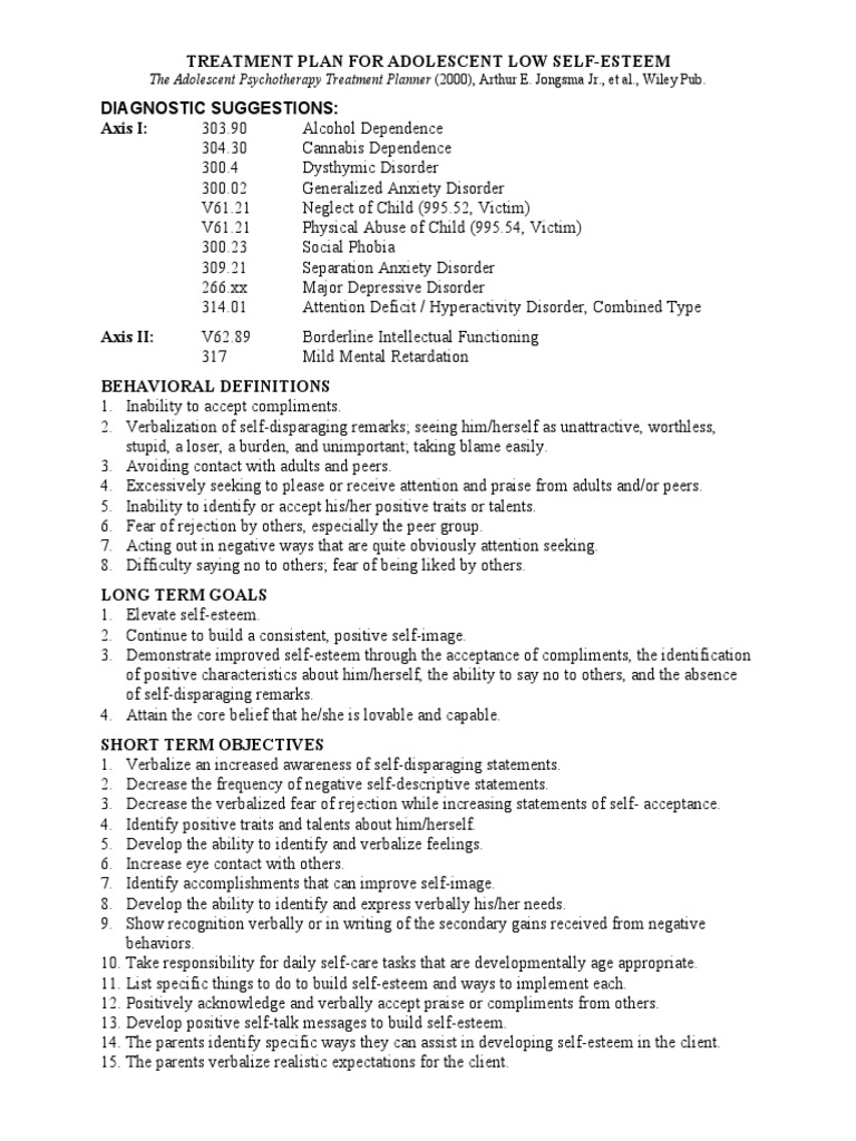 Treatment Plan Adolescent Self Esteem Self Esteem Anxiety Disorder