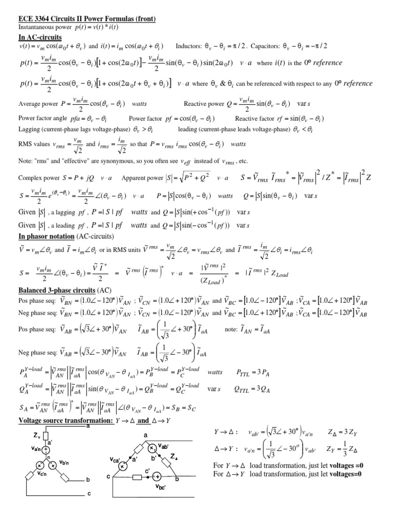 ECE 3364 Circuits II Power Formulas | PDF | Inductance | Laplace Transform
