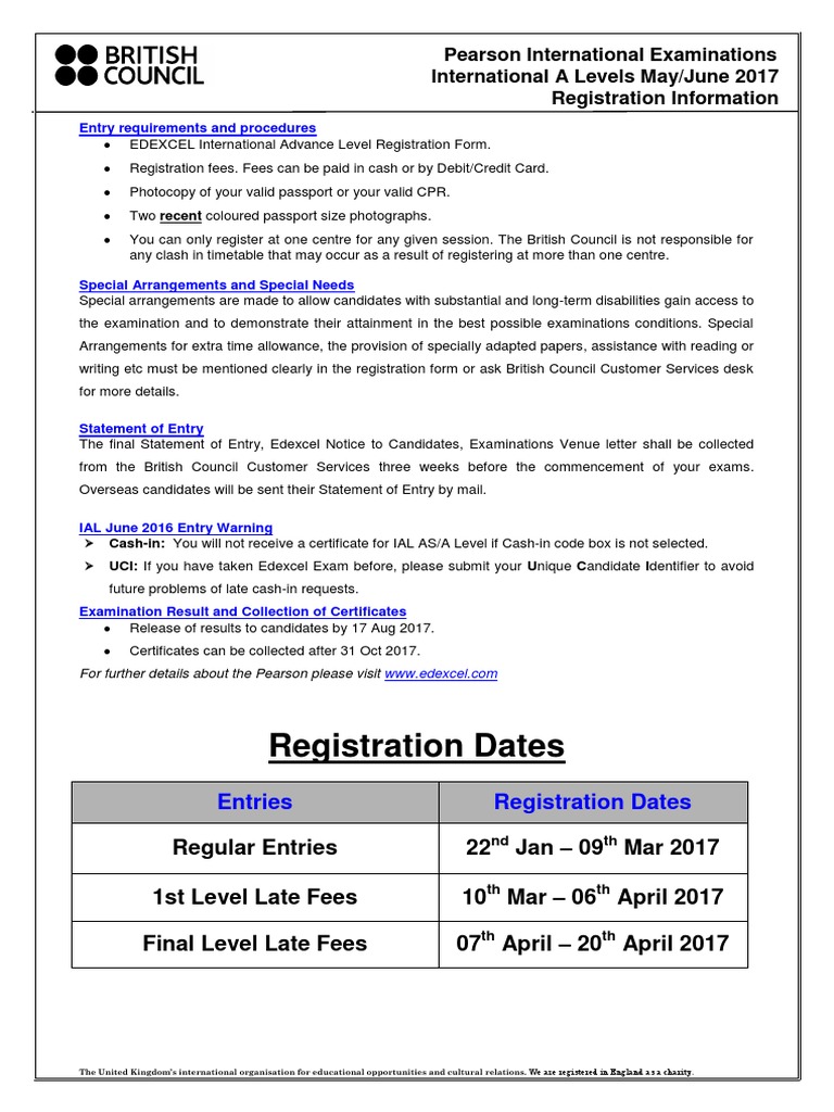 Reg. Form Edexcel Ial June 2017 PDF | PDF