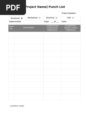 Project Punch List Template