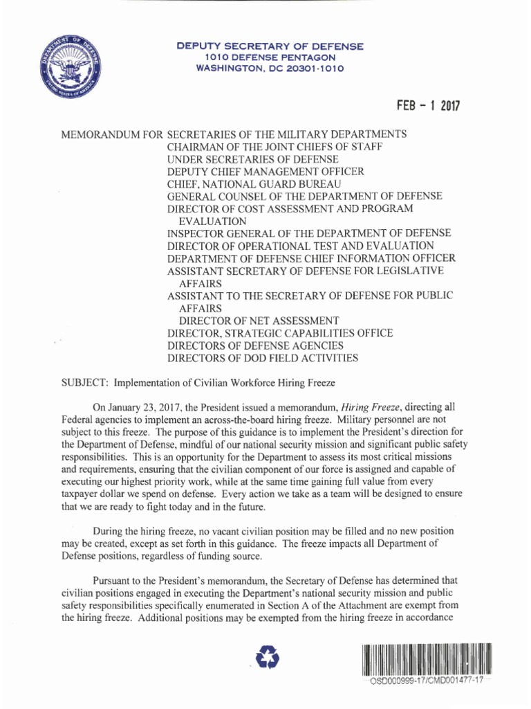 Pentagon Memo on Hiring Freeze