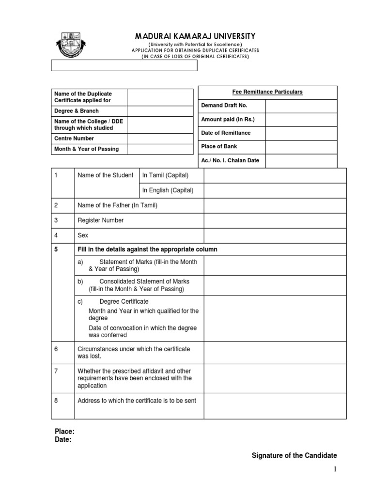 Application For Obtaining Duplicate Certificates PDF Common Law Social Institutions